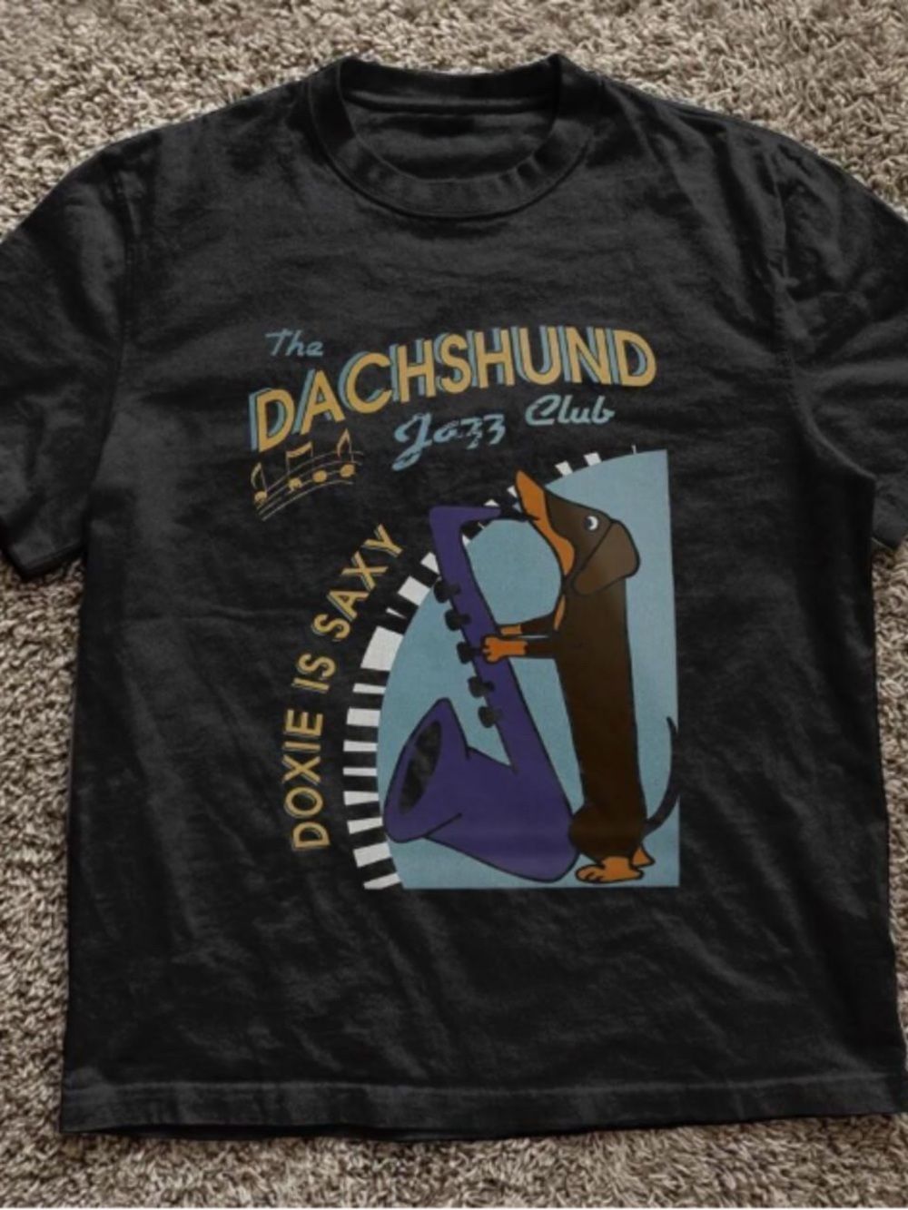 Gildan Black Tee with Colorful Dachshund Jazz Graphic